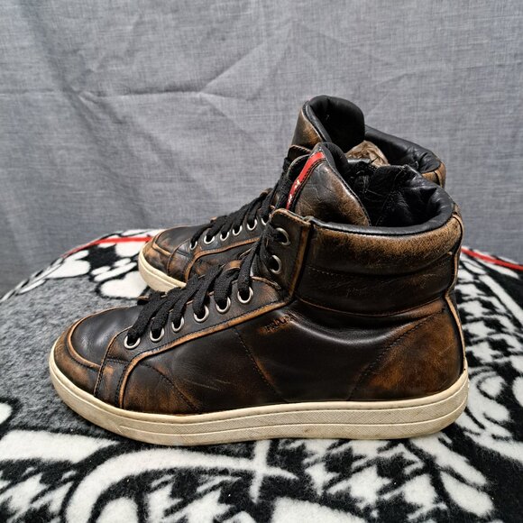 Prada Mens Old Nappa Leather Rustic Brown High Top Sneaker Size 7 Men - Picture 1 of 16